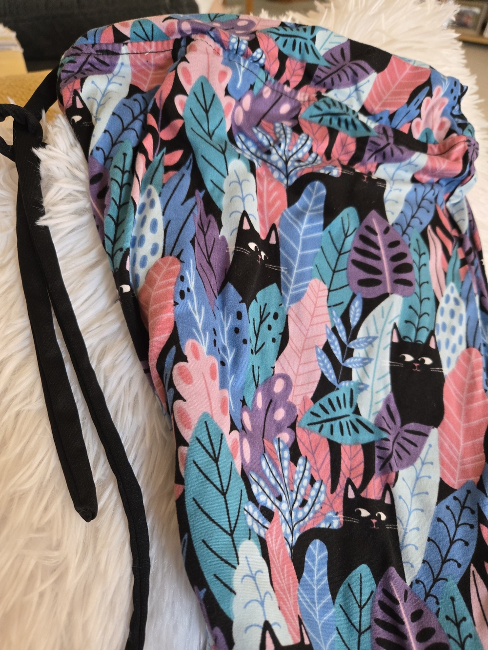 Playful Cat Print Drawstring Pants - Teal, Pink, Purple, Black